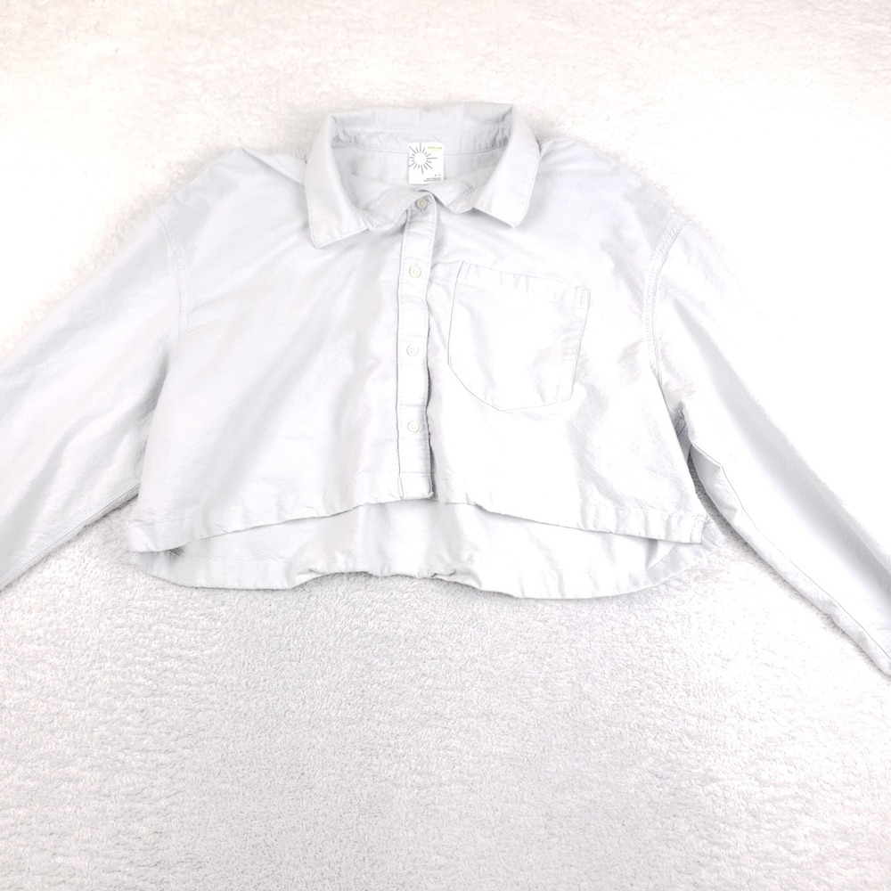 OFFLINE by Aerie Womens Cropped Button Down Shirt Light Blue Raw Hem Small